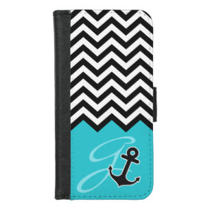Anchor Aqua Blue Chevron Stylish Monogram iPhone 8/7 Wallet Case