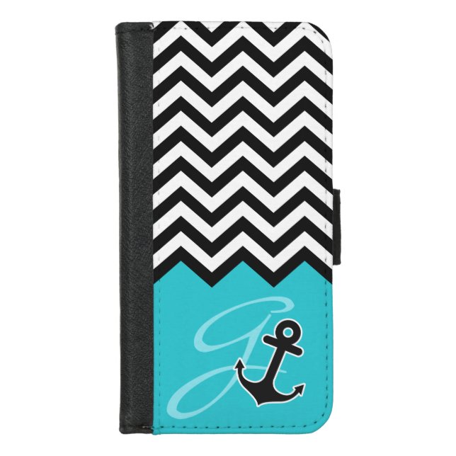 Anchor Aqua Blue Chevron Stylish Monogram iPhone Wallet Case (Front)