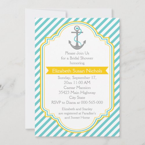Anchor aqua, yellow nautical wedding bridal shower card