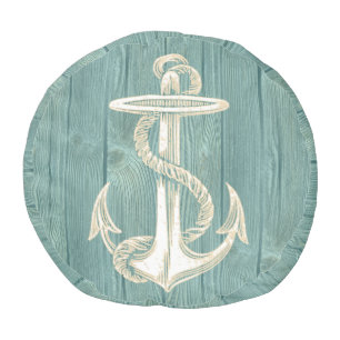 Anchor Beach Aqua Wood Pouf Seat