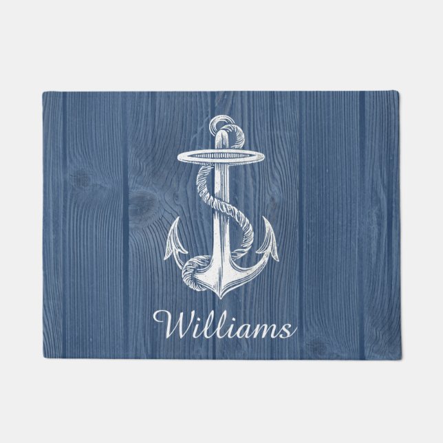 Anchor Beach Blue Wood Personalized Doormat (Front)