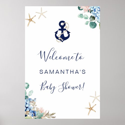 Anchor Beach Nautical Floral Baby Shower Welcome Poster