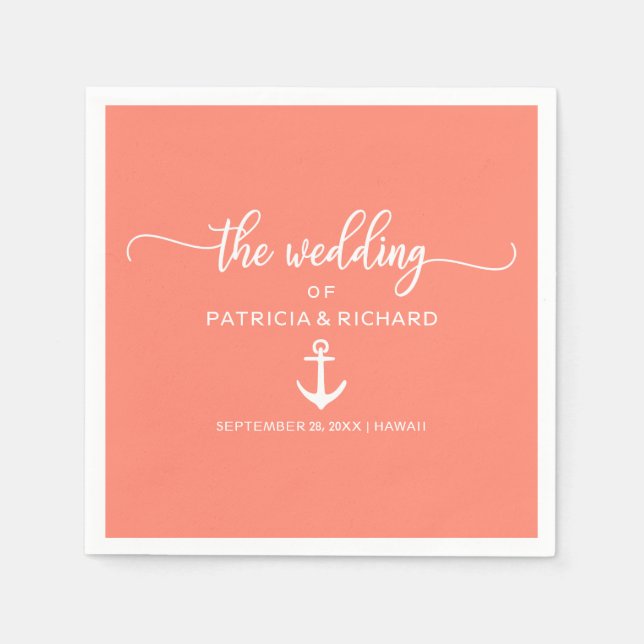 Anchor Beach Wedding Coral and White Napkins (Front)