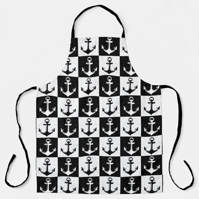 Anchor Black White Checkered Block Pattern Apron (Front)