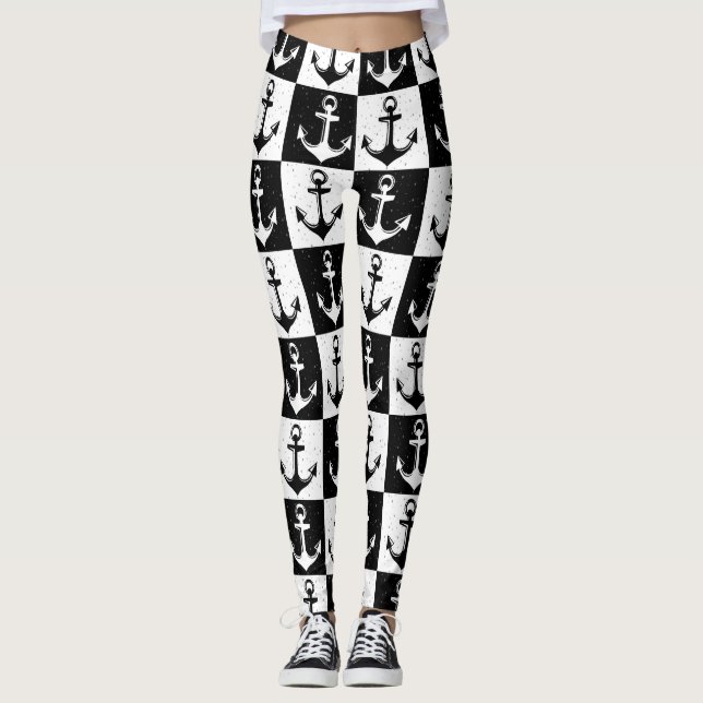Anchor Black White Checkered Block Pattern Leggings (Front)