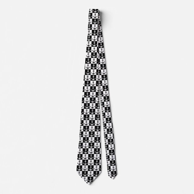 Anchor Black White Checkered Block Pattern Neck Tie (Front)