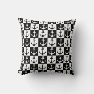 Anchor Black White Checkered Block Pattern Throw Pillow