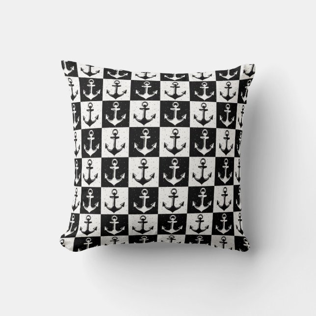 Anchor Black White Checkered Block Pattern Throw Pillow (Front)