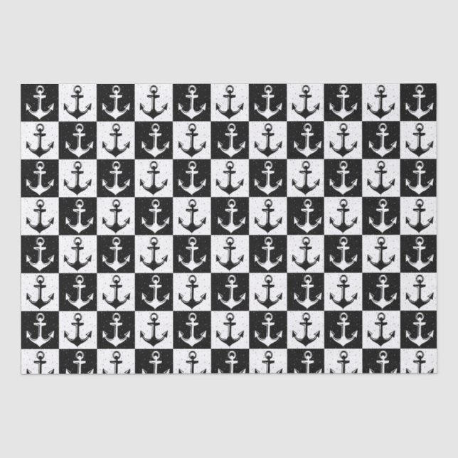Anchor Black White Checkered Block Pattern Tissue Paper (Front)