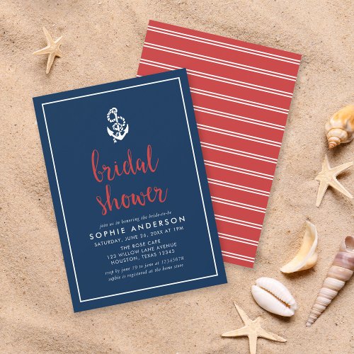 Anchor Blue and Red Script Bridal Shower Invitation