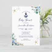 Anchor Blue Beach Nautical Floral Baby Shower Invitation (Standing Front)
