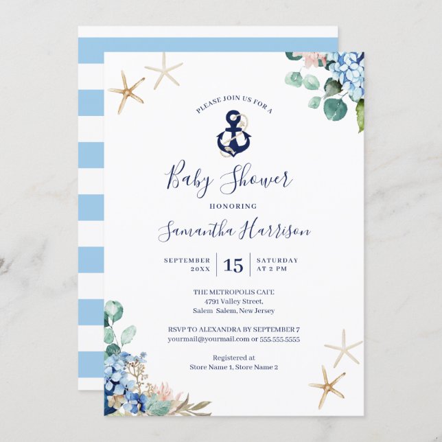 Anchor Blue Beach Nautical Floral Baby Shower Invitation (Front/Back)