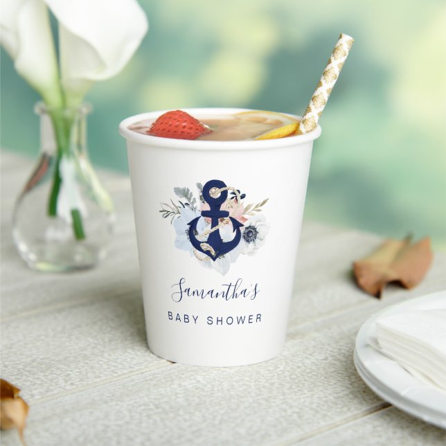 Anchor Blue Beach Nautical Floral Baby Shower Paper Cups (Insitu)