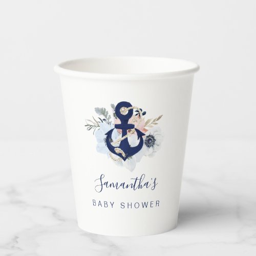 Anchor Blue Beach Nautical Floral Baby Shower Paper Cups