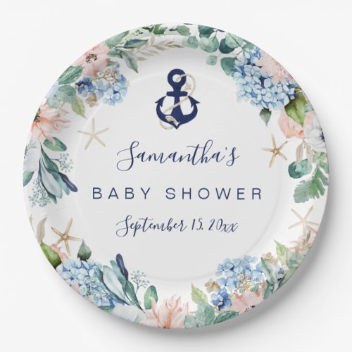 Anchor Blue Beach Nautical Floral Baby Shower Paper Plates