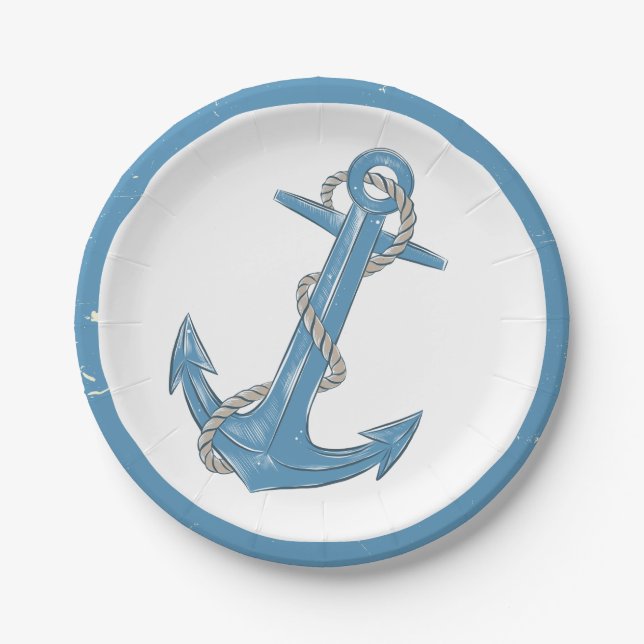 Anchor Blue Ocean Beach Party Nautical Wedding Paper Plates (Front)