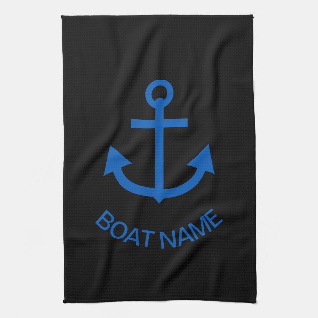 Anchor Blue Personalized Your Boat Name Black Kitchen Towel (Vertical)