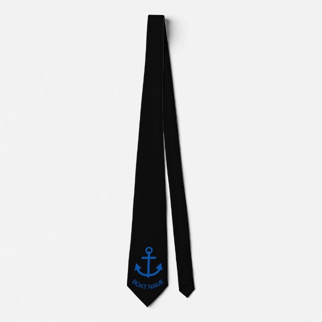 Anchor Blue Personalized Your Boat Name Black Neck Tie (Front)