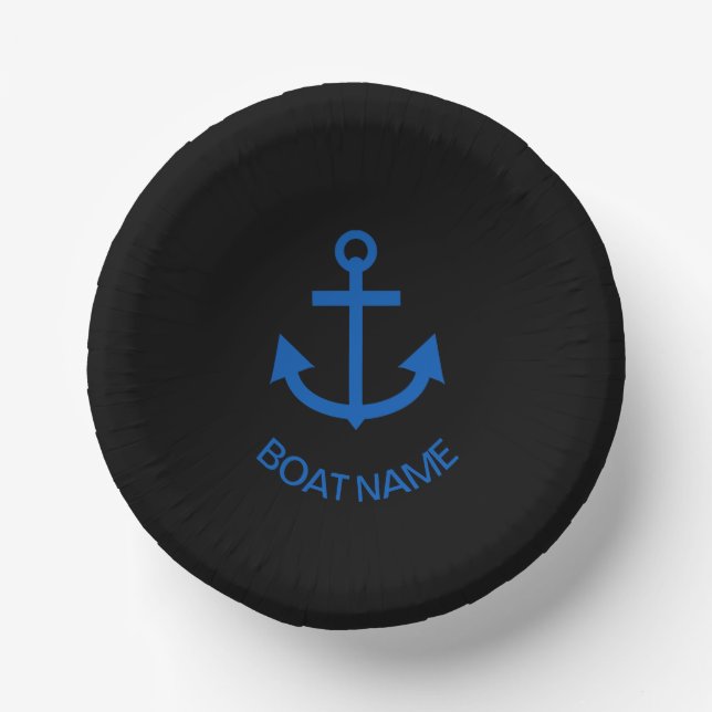 Anchor Blue Personalized Your Boat Name Black Paper Bowls (Front)