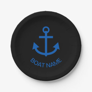 Anchor Blue Personalized Your Boat Name Black Paper Plates