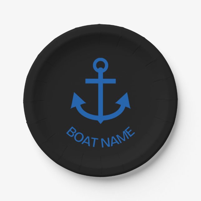 Anchor Blue Personalized Your Boat Name Black Paper Plates (Front)