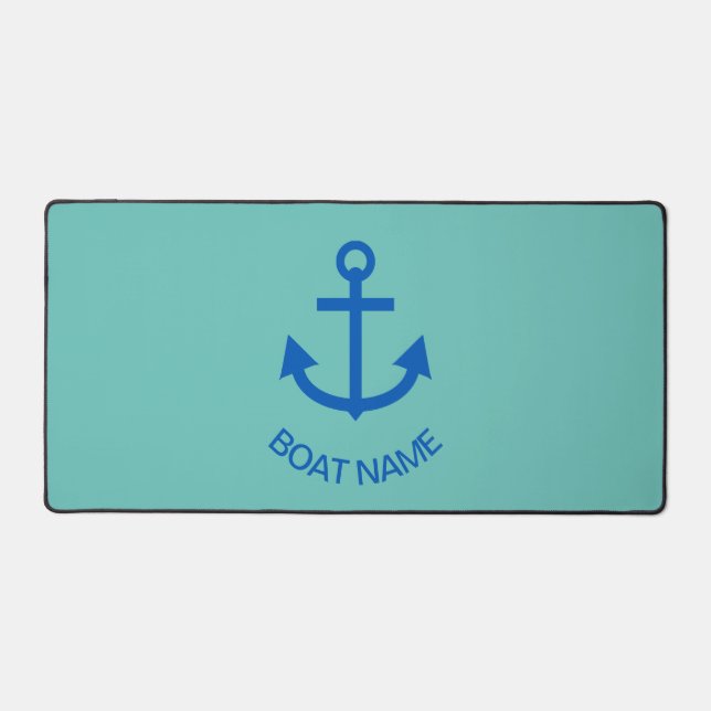 Anchor Blue Personalized Your Boat Name Mint Green Desk Mat (Front)