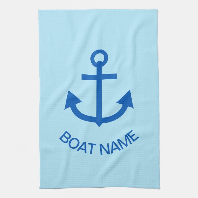 Anchor Blue Personalized Your Boat Name Pale Blue Kitchen Towel (Vertical)