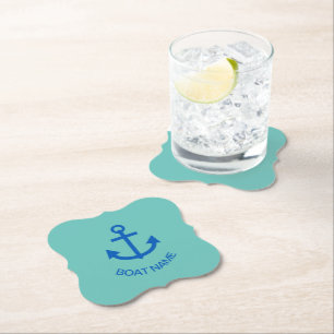 Anchor Blue Personalized Your Boat Name Sea Green Paper Coaster