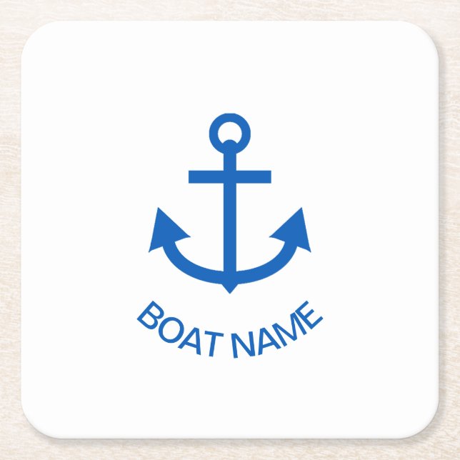Anchor Blue Personalized Your Boat Name Square Paper Coaster (Front)