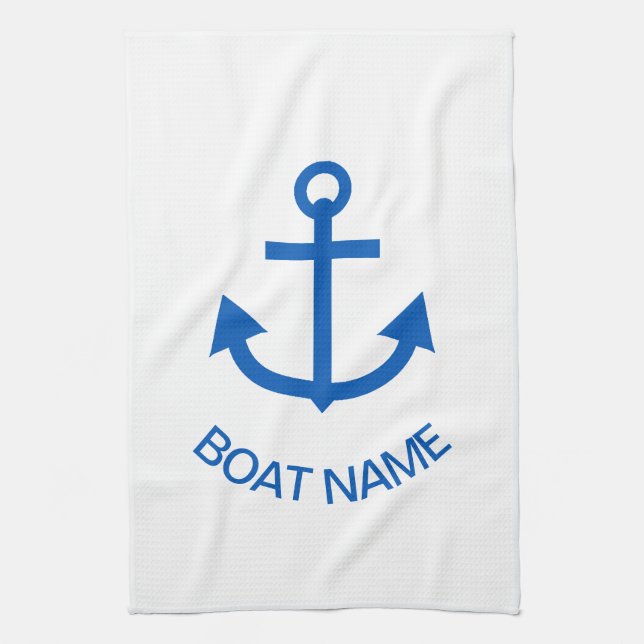 Anchor Blue Personalized Your Boat Name White Kitchen Towel (Vertical)