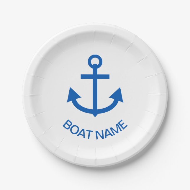 Anchor Blue Personalized Your Boat Name White Paper Plates (Front)