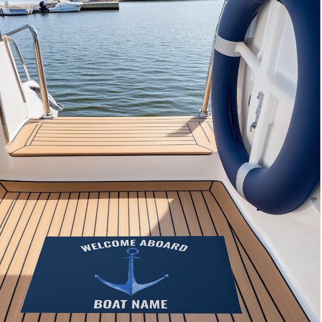 Anchor Blue Rustic Boat Name  Doormat (Custom Boat Name Nautical Doormat with watercolor blue anchor)
