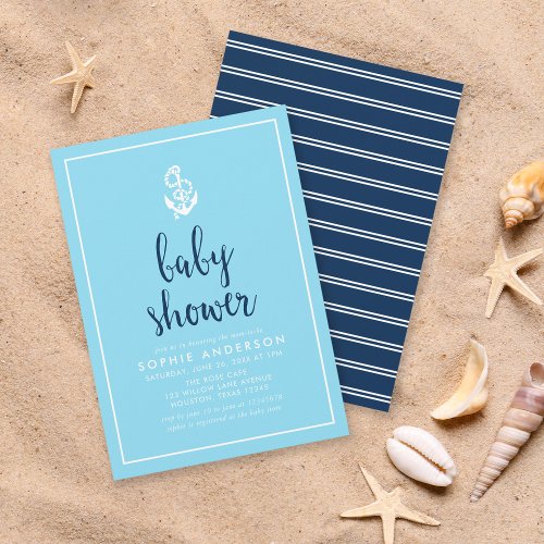 Anchor Blue Script Baby Shower Invitation