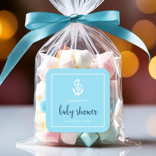 Anchor Blue Script Baby Shower Square Sticker (Creator Uploaded)