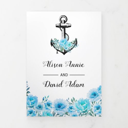 Anchor blue watercolor flowers nautical wedding Tri_Fold invitation