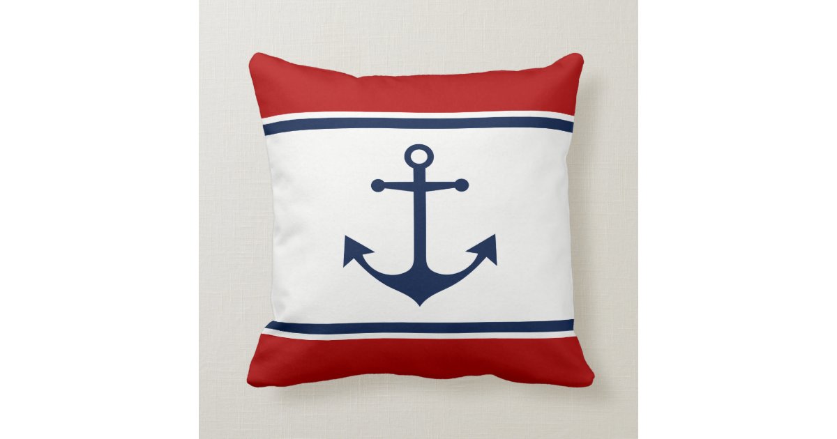 Anchor Blue, White and Red Nautical Throw Pillow