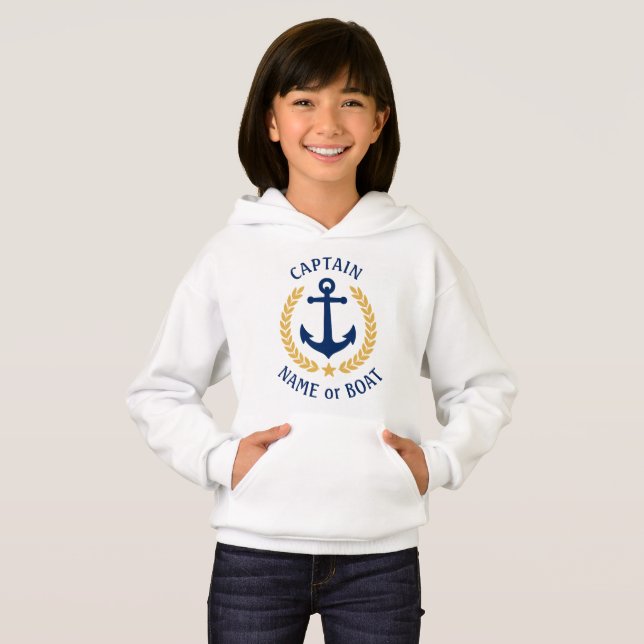 Anchor Boat Name Captain Gold Laurel Girls White Hoodie (Front Full)