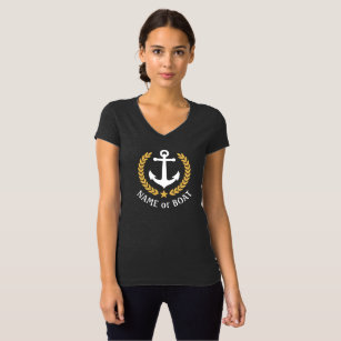 Anchor Boat Name Gold Laurel Leaves V Neck Gray T-Shirt