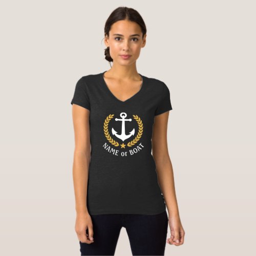 Anchor Boat Name Gold Laurel Leaves V Neck Gray T_Shirt