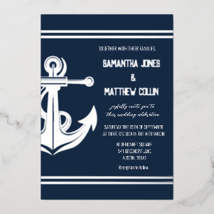 Anchor Boat Nautical Navy Blue Silver Foil Wedding Invitation