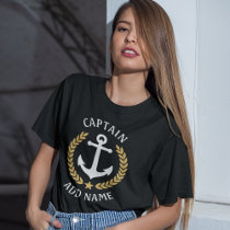 Anchor Boat or Captain Name Gold Laurel Star Black T-Shirt