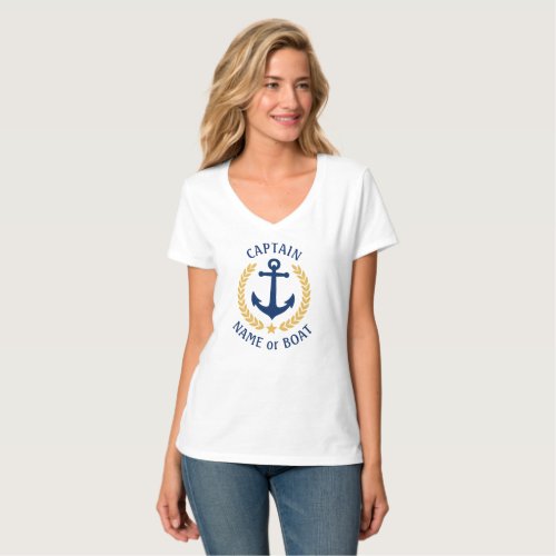 Anchor Boat or Captain Name Gold Laurel Star White T_Shirt