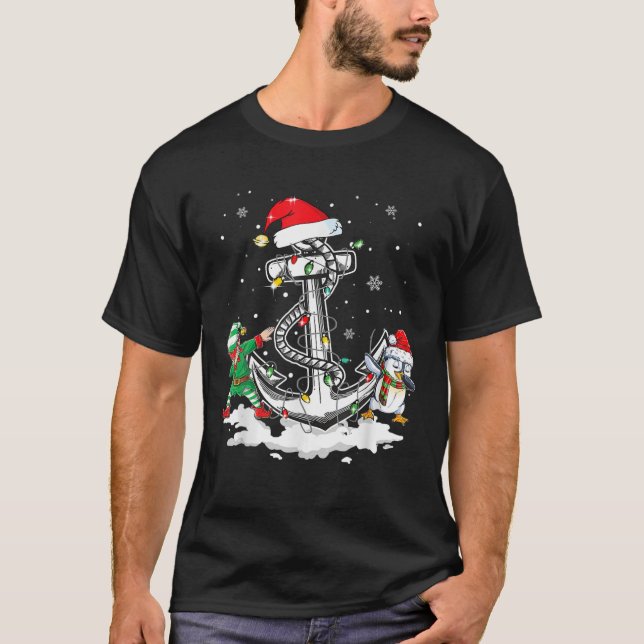 Anchor Boating Sailing Christmas Santa Hat Lights T-Shirt (Front)