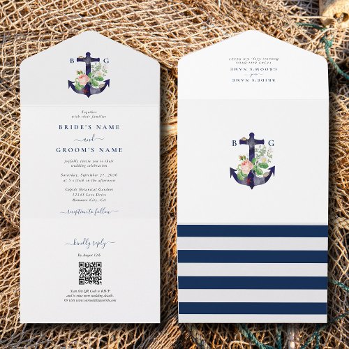 Anchor Botanical Floral Nautical Summer Wedding All In One Invitation