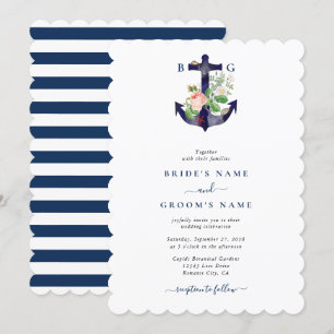 Anchor Botanical Floral Nautical Summer Wedding Invitation