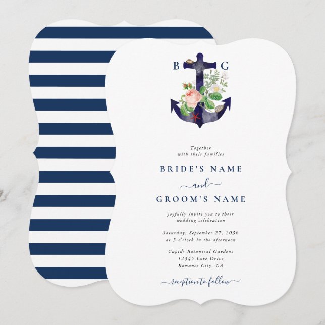 Anchor Botanical Floral Nautical Summer Wedding Invitation (Front/Back)