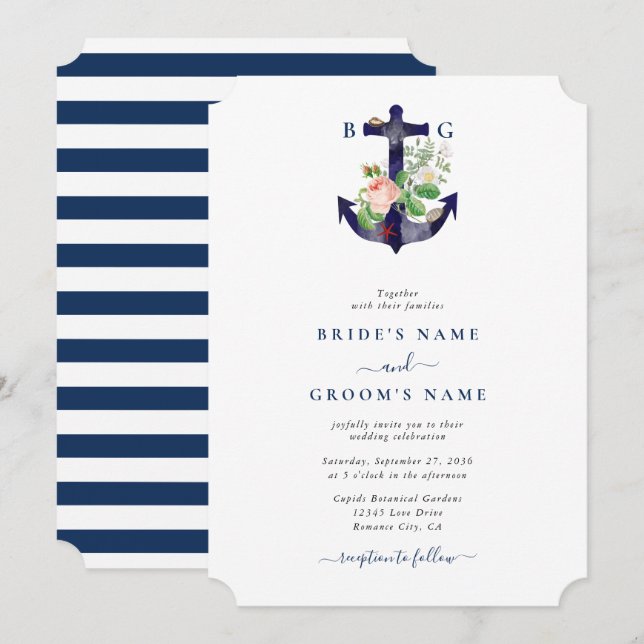 Anchor Botanical Floral Nautical Summer Wedding Invitation (Front/Back)