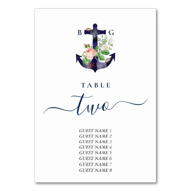 Anchor Botanical Floral Nautical Summer Wedding Table Number (Front)