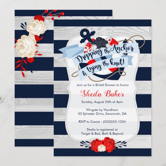 Anchor Bridal Shower Invitation - Nautical Navy (Front/Back)