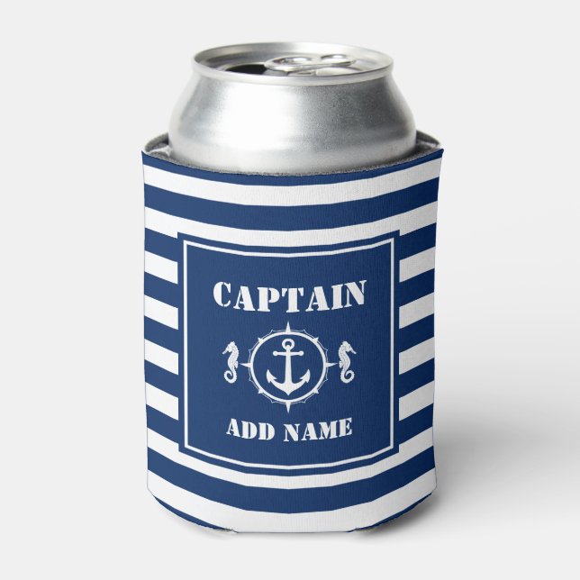 Anchor Captain Add Name or Boat Name Blue Striped Can Cooler (Can Front)